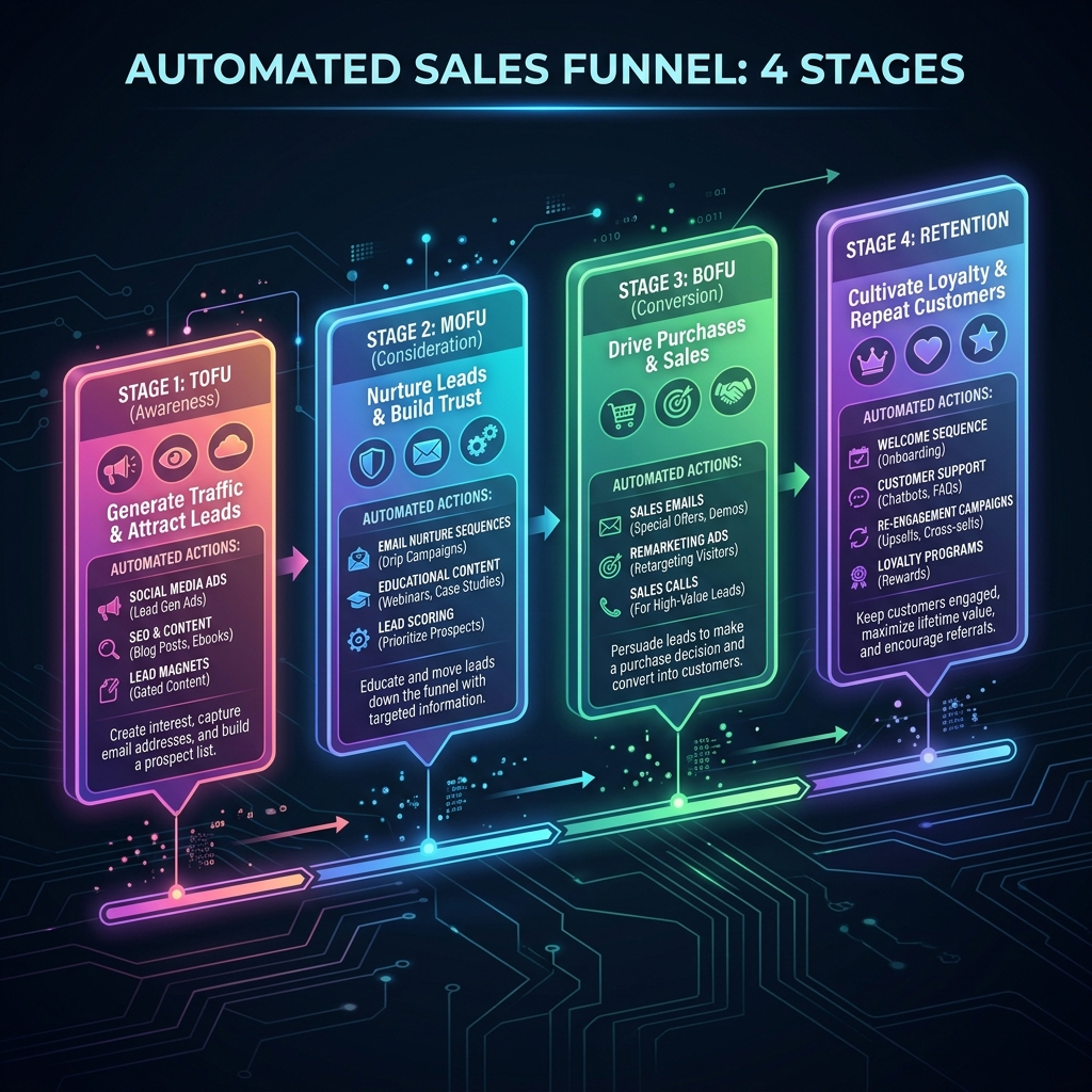 Xây Dựng Phễu Bán Hàng Tự Động (Sales Funnel): Lộ Trình Chuyển Đổi Khách Hàng Tiềm Năng 4 Giai đoạn phễu bán hàng tự động TOFU MOFU BOFU - Lê Gia Huy Master of Marketing